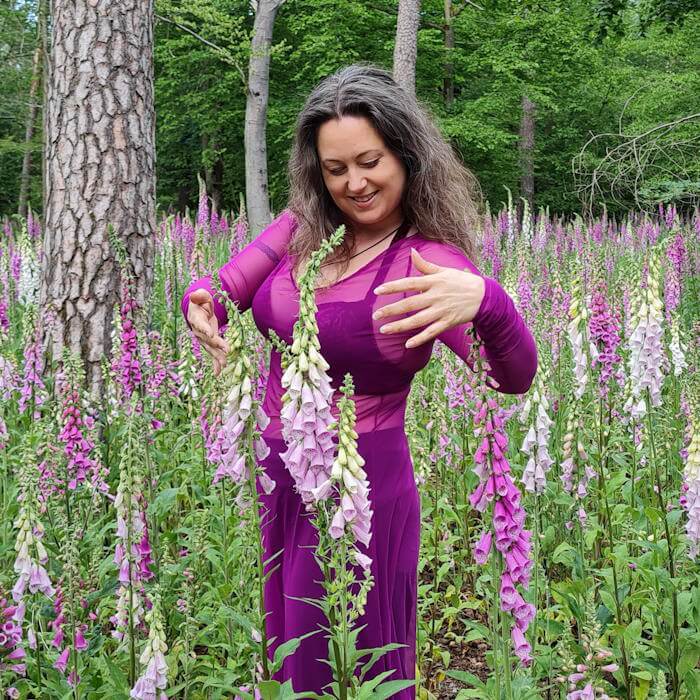 Iris freudig mit vielen pink blühenden Fingerhüten im Wald